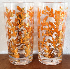 2 Vintage Mid-Century CULVER 22k Gold Blue Acorn Oak Leaf Highball Glasses 12oz