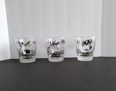 3 VTG Libby 8 Oz Black Gold Trim Clear Antique Automobile Car Rocks Glasses
