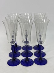 Set of 9 CRISTAL D’Arques Durand Cobalt Stem Champagne Flutes Neptune Blue Glass