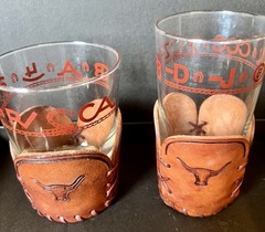 Libbey BAMCO MCM WESTERN BRANDING DECALS GLASSES W/ LEATHER HOLDER 8 & 12 Oz