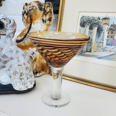 Tortoise Shell Pulled Feather Blown Glass Martini Cocktail Glass Heavy Sturdy