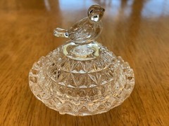 Vintage Crystal Miniature Bird Trinket Ring Box Jewelry Dish Round Lid Footed
