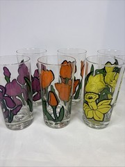Vintage MCM Lot Of 6 Federal Glassware Floral Flower Drinking Glasses