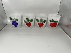 Vintage Hand Painted Milk Glass Juice Glasses Fruit Set 4 Frosted 3.5″ Kitchen D