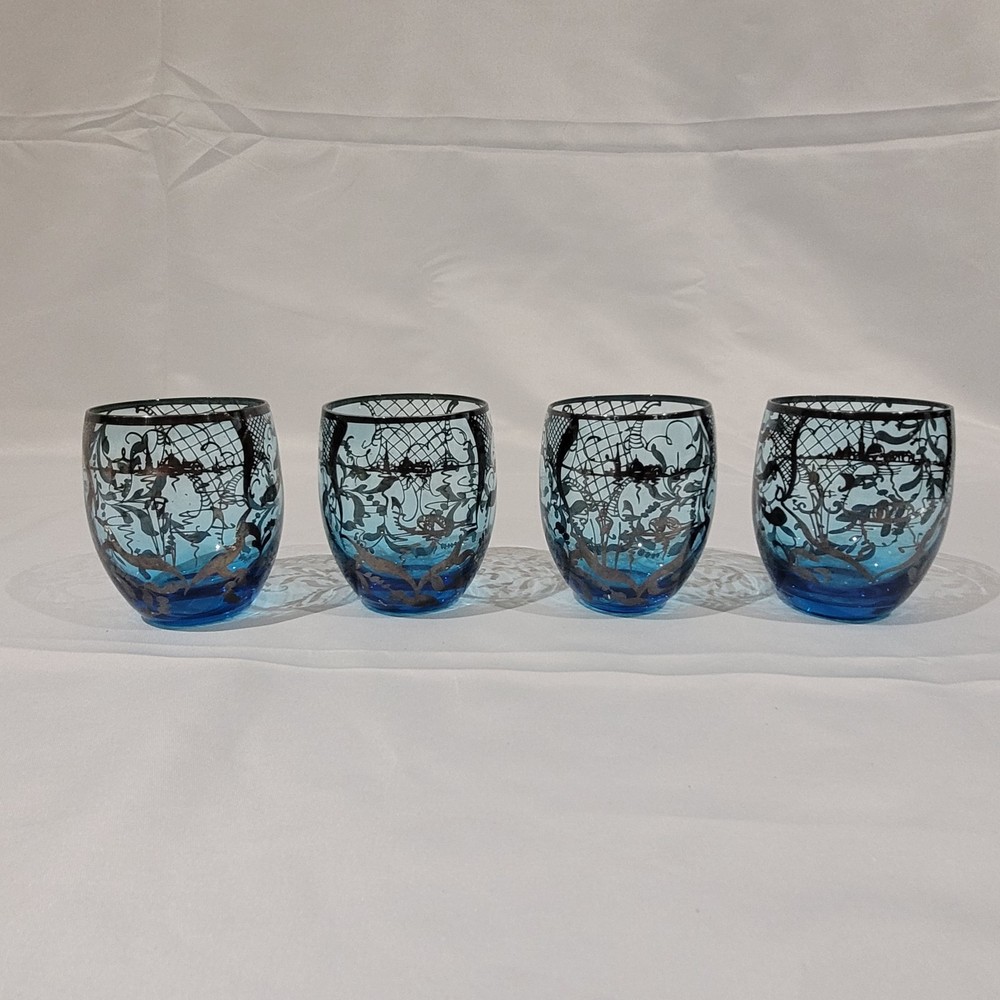 Vintage Venetian Gondola Themed Blue Cordial Glasses 24k Gold Trim BEAUTIFUL
