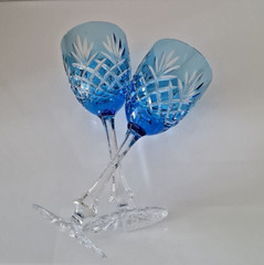 PAIR FABERGE ODESSA AZURE BLUE LEAD CRYSTAL WINE GLASSES, MARKED