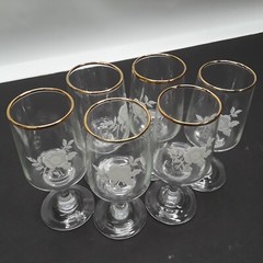 Vintage Gold Rim Stemmed Cordial Glasses Applied Roses EUC