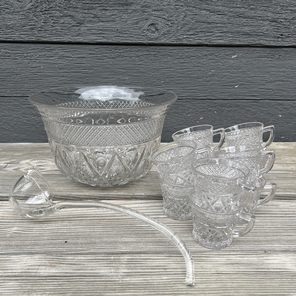 Imperial Cape Cod Glass Punch Bowl, Ladle & 10 Cups Elegant Clear Glass Wedding