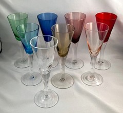 8 Spectrum Hand Blown Crystal Cordial Glasses Flutes Assorted Rainbow Colors