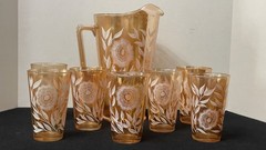 Jeannette Glass Carnival Golden Iridescent Pitcher & 7 Glass Set Late Sunflower