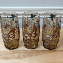 3 Vintage Anchor Hocking Butterfly Smoke Amber Tumbler Drinking Glasses