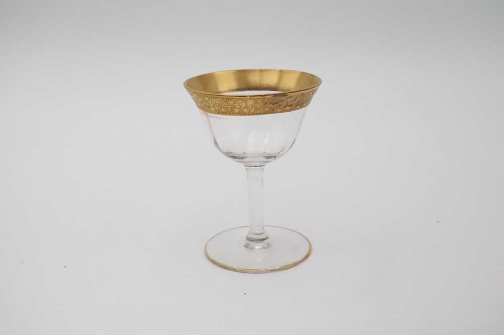Vintage Lead Crystal Cordial Glass 4” Gold Etched Floral Band Elegant Barware