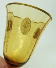 TIFFIN «CHARMAIN» AMBER 6 5/8″ WATER GOBLET IRIS ETCH GOLD ENCRUSTED – 7 AVAIL.