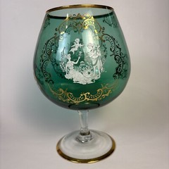 Vintage Bohemian Green Brandy Snifter 10 1/2” Tall With White And Gold Accents