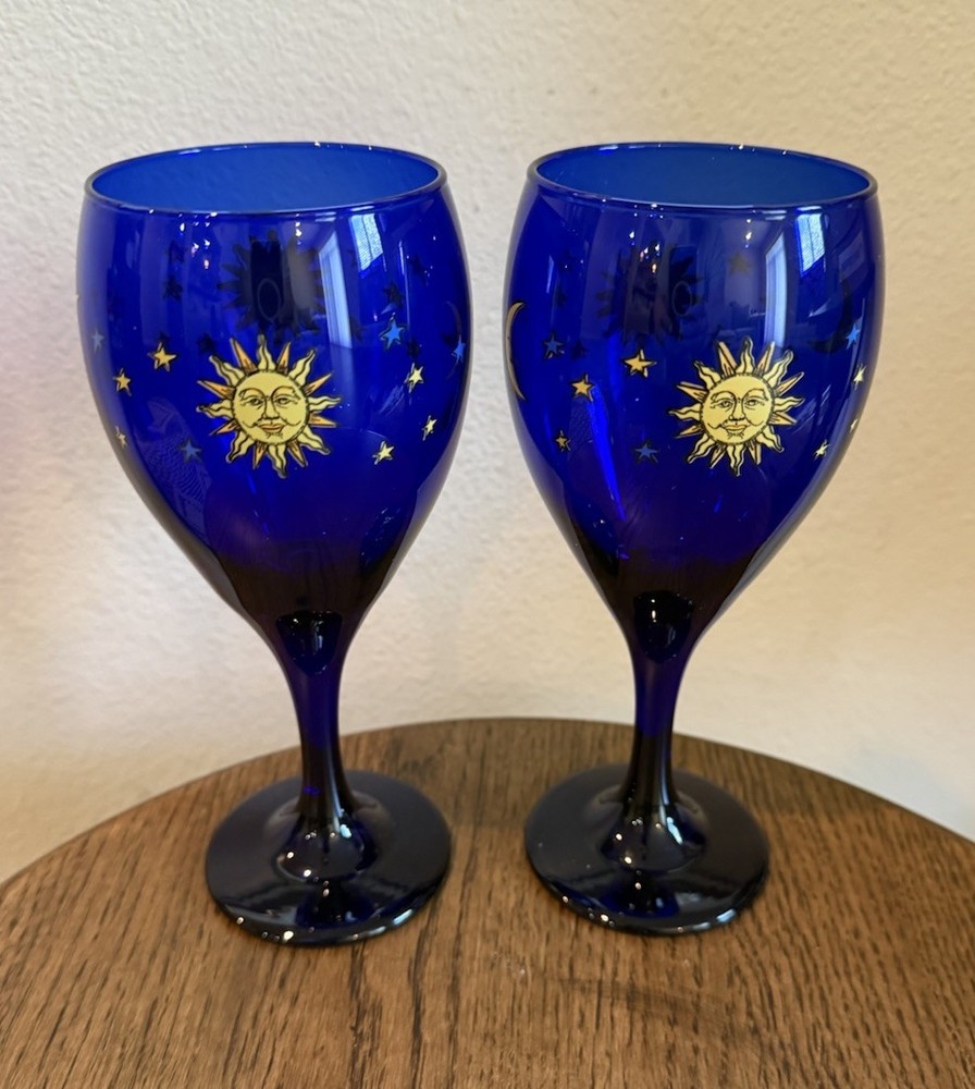 Libbey Celestial Goblet Glass SUN MOON STARS Cobalt Blue Set Of Two