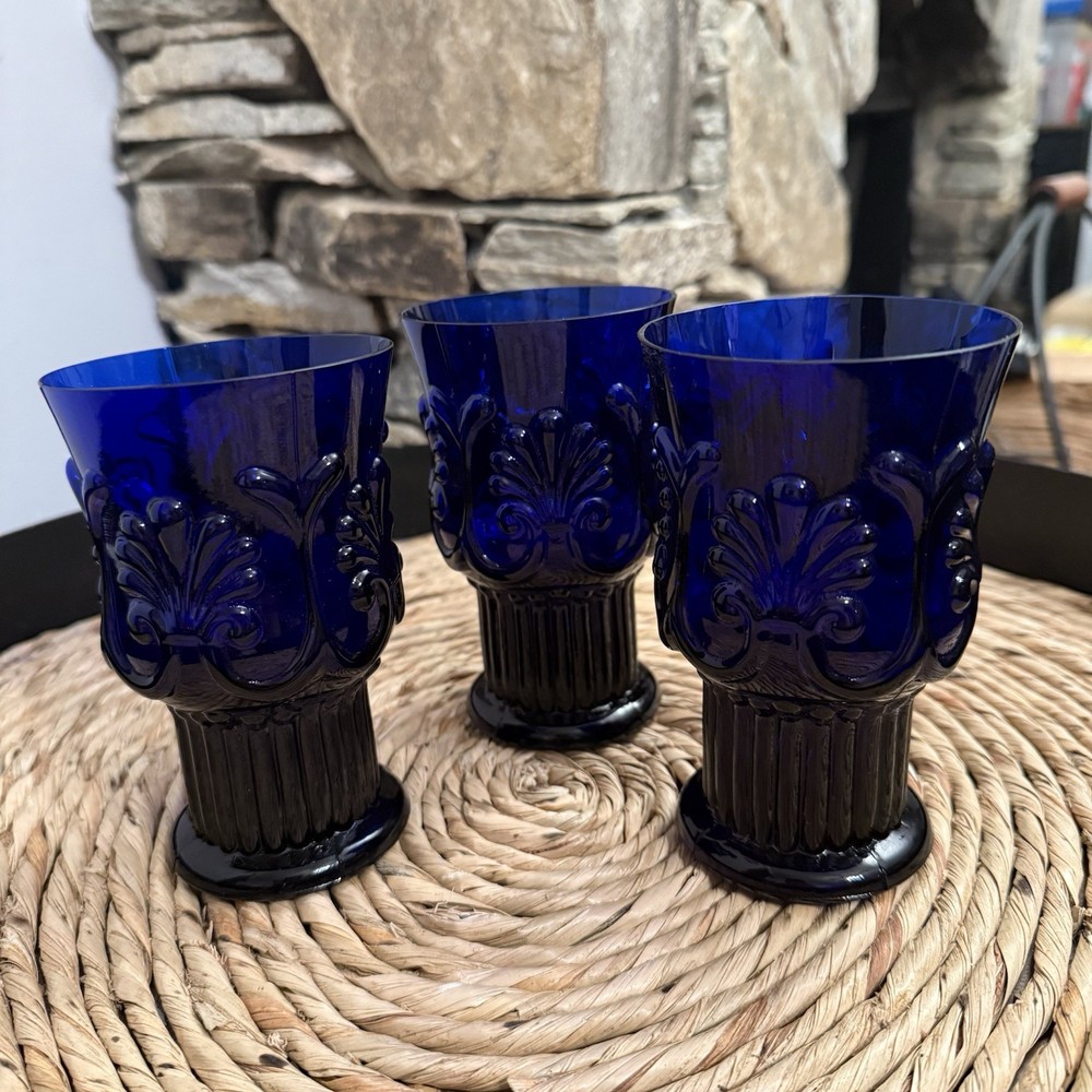 VTG Cottage Core Cobalt Blue Pilgrim Glass Adams Low Stemmed Fan Motif Goblet