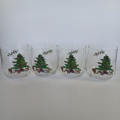 Set 4 Tienshan Christmas Juice Glass Holiday Tree Toy VTG Clear Bar Glass Flawed