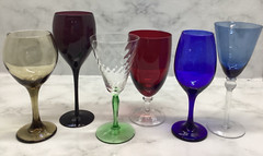 Vintage 6 Mismatched Rainbow Wine Goblets- Mixed Colored Glasses (6)