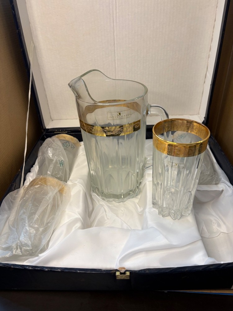 NOS Vintage Interglass Crystal 4 Flat Tumblers & Pitcher Gold Trim