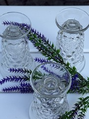 4 Vintage Fostoria American Clear Footed 4 oz Juice Glasses 4-3/4″ Tall, Cubist