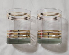 Vtg 2pc Gold Stripe Double Banded Lowball Glasses Old Fashioned Whiskey Barware