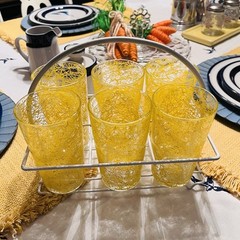 Vtg MCM Yellow Spaghetti String Rubber Coated Drink Glasses SET OF 6 – W/Carrier