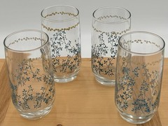 Vintage Retro Floral Drinking Glasses Set 4 Blue Mustard Yellow Tumblers 12 Oz