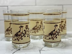 Libbey Tumbler Glasses (7) 16 oz Partridge Quail Bird Brown & Cream Crackle VTG