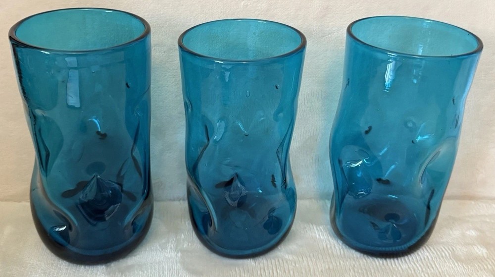 3 Blue Blenko Tumbler Drinking Glass Dimple Pinched Crackle Glass Thumbprint