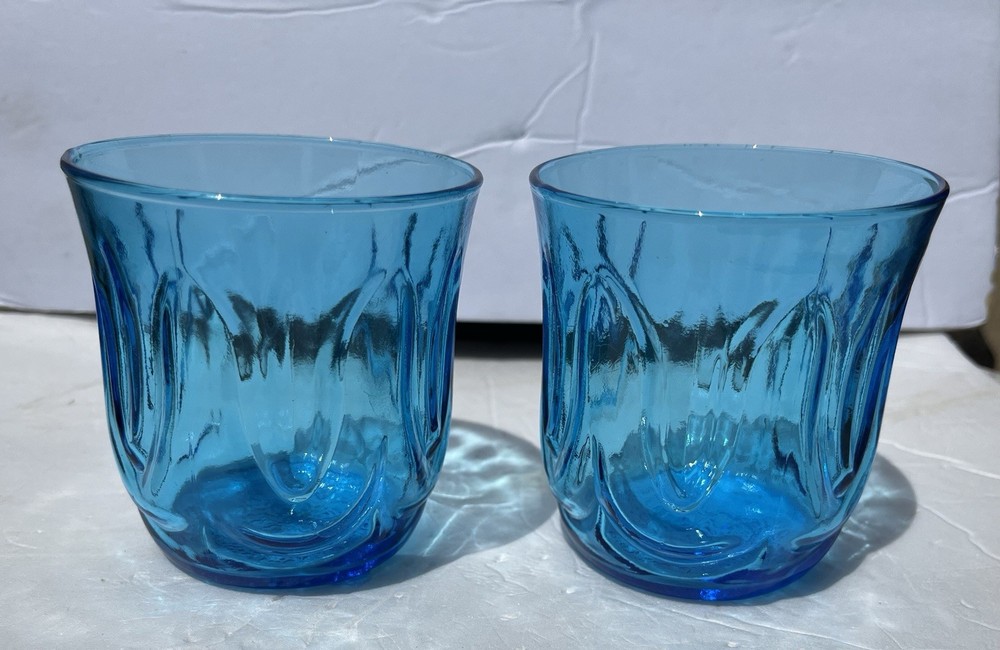 2 Vintage Anchor Hocking Colonial Blue Tulip Tumbler Low Ball Glasses 8oz