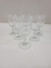 6 Fine Antique Elegant Glass Goblets With Acid Etched Scroll Designed Borders