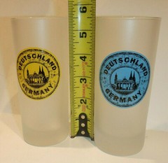 Pair of Frosted Blue & Yellow Logo DEUTSCHLAND GERMANY Drinking Glasses 5-1/2″
