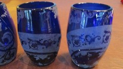 Vintage Blue Cobalt Glass Tumblers Etched With Bird And Flower Set Of 4