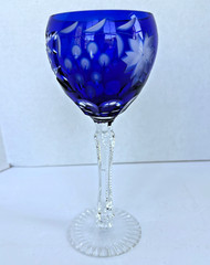 Czech Bohemian Crystal Cobalt Blue Cut To Clear Stem Stemware Wine Glasse 8 1/8″