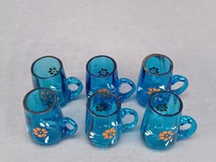 Set of 6 Bohemian Hand Enameled Orange Floral Blue Glass Cordials C. 1890s