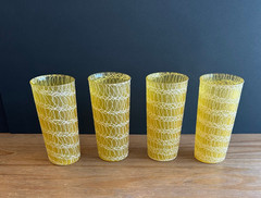 Set Of 4 Spaghetti String Glasses Yellow MCM Glass Tumblers