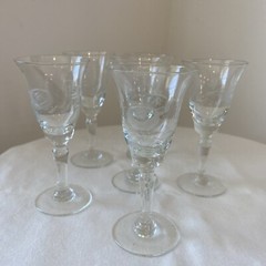 Vintage Crystal Floral Etched Cordial Sherry Glasses Liqueur Stemware, Set Of 6
