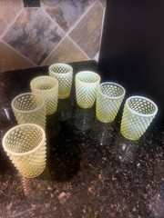 Vintage Fenton Topaz Uranium Opalescent Hobnail Vaseline Glass Set Of 7 Pcs,Cups