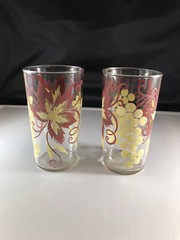Vintage Retro Brown/Yellow Pitcher/Glasses Set of 2 Grapes and Vine Motif 1950s