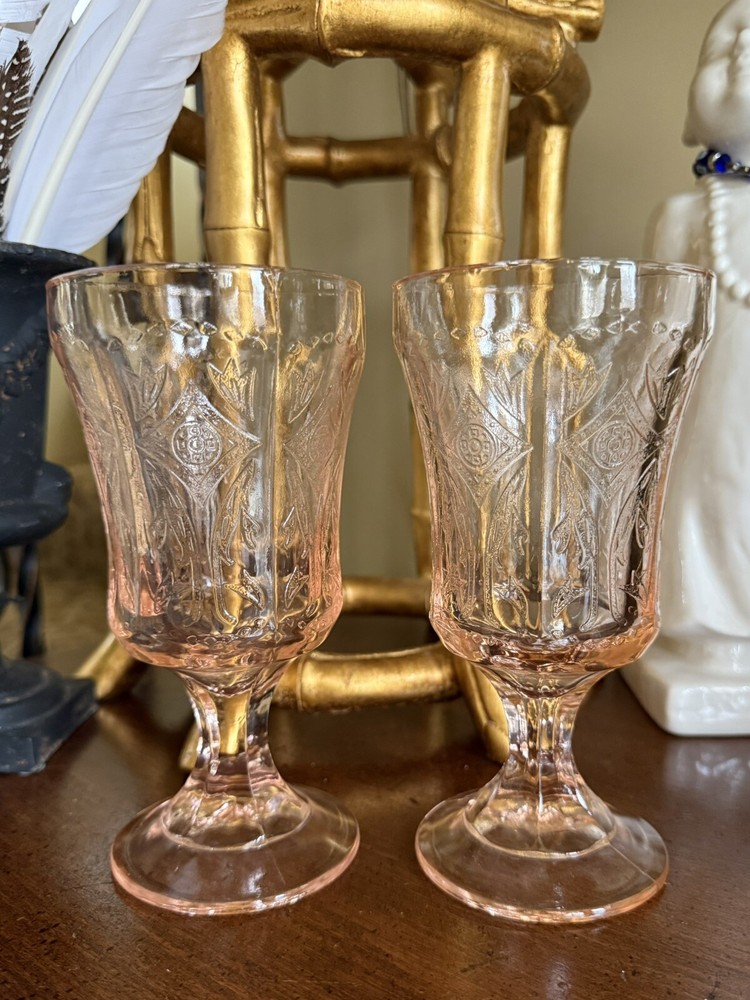 Vintage Indiana Glass Recollection Madrid Pink Set Of 2 Footed Water Goblets