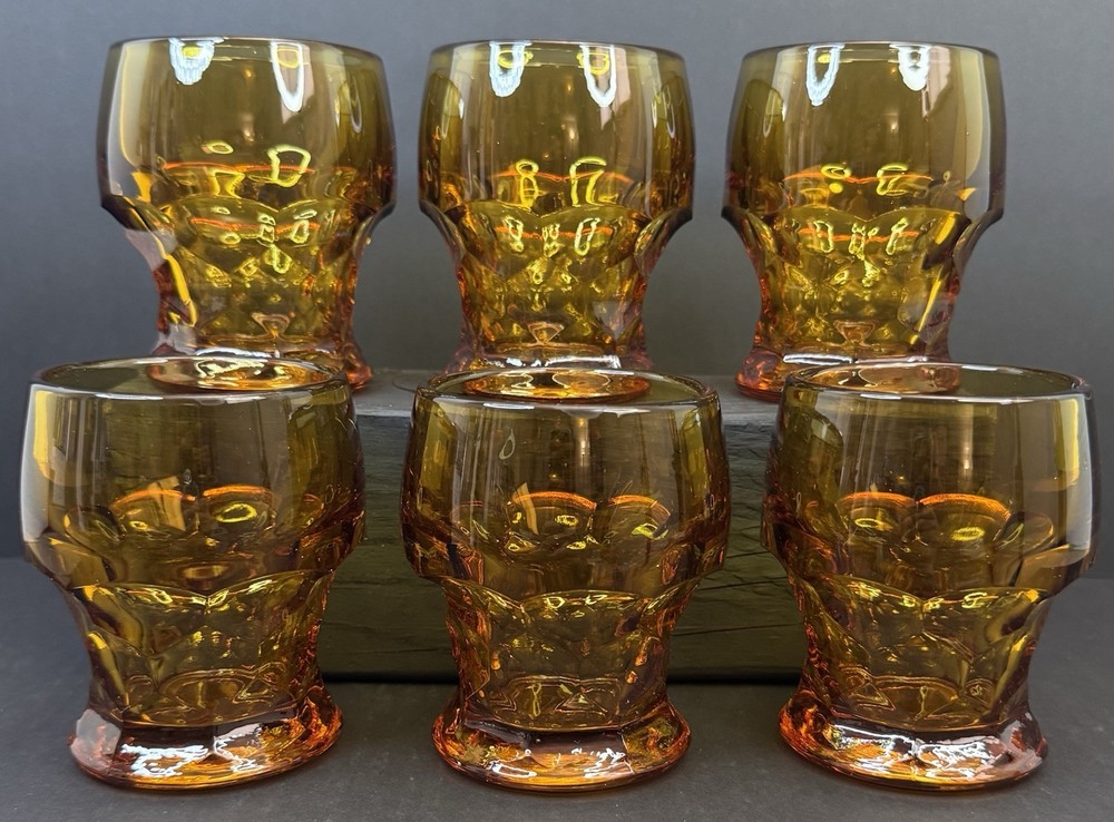 Vintage Set of Six Anchor Hocking Georgian Amber Tumblers Honeycomb Panels