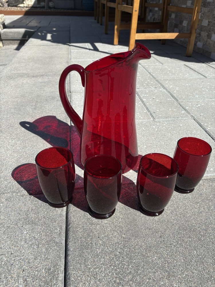 Swedish MCM ruby glass pitcher & 7tumblers,by Monica Bratt for Reijmyre Glasbruk