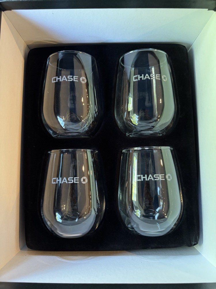 Stemless Wine Glasses w/ CHASE Bank Logo (Set Of 4) Original Padded Box Included