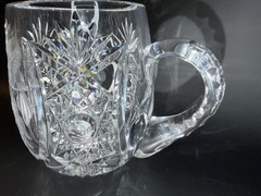 Vintage Heavy Cut Crystal Tankard Mug 855g Clear Glass Floral Star Pattern