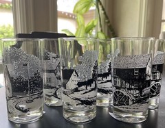 Vintage black/white Farmhouse Drinking Glass Countryside Print Tumblers Set Of 3