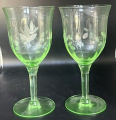 Set of 2 Vintage Uranium Glass Wine Goblets – Etched Floral Vine Vaseline