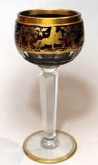 Bohemian Case Cut Ruby to Clear Hock Glass with Raised Gilded Hunt Scenes c.1900