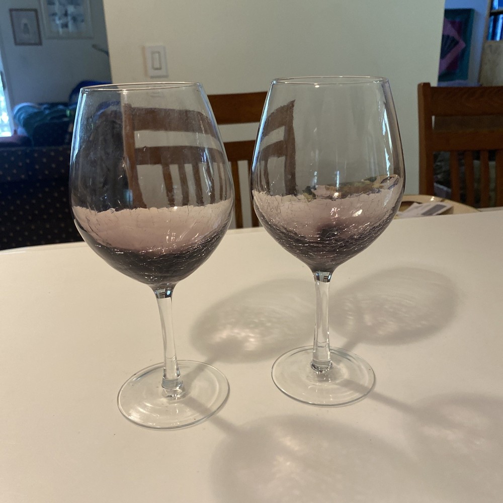Pier 1 Purple Crackle 12 fl oz Wine Glasses Hand Blown 8 7/8″ set 2 Discontinued