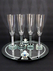George Ponzini Art Deco 4 Champagne Flutes & Mirrored Tray all signed
