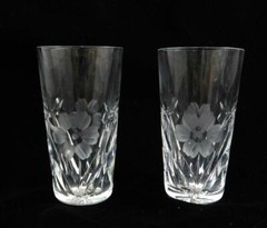 Pair of Vintage Etched Floral Art Glass Cordial or Shot Glasses Signed